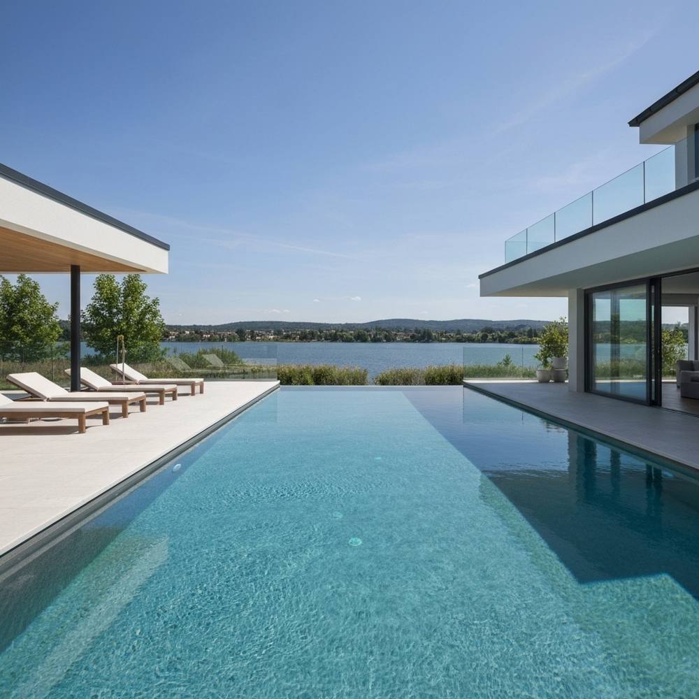 [Vue d'ensemble d'une piscine de luxe moderne parfaitement intégrée à une villa contemporaine, avec des zones de détente et une vue sur un lac.]