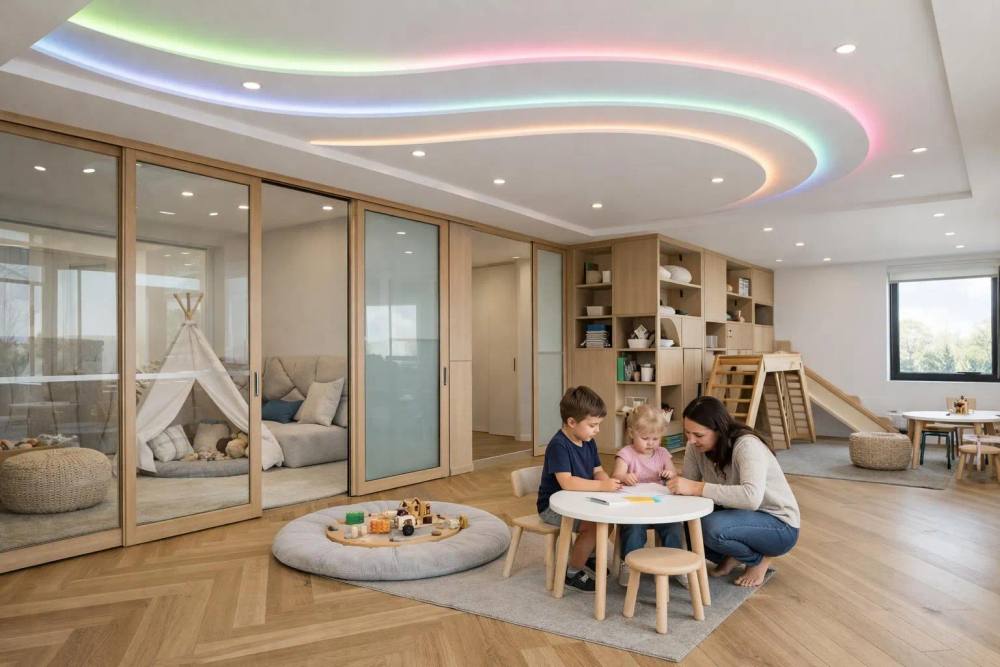 Intérieur moderne avec éclairage LED, espace de jeu et de détente pour enfants.