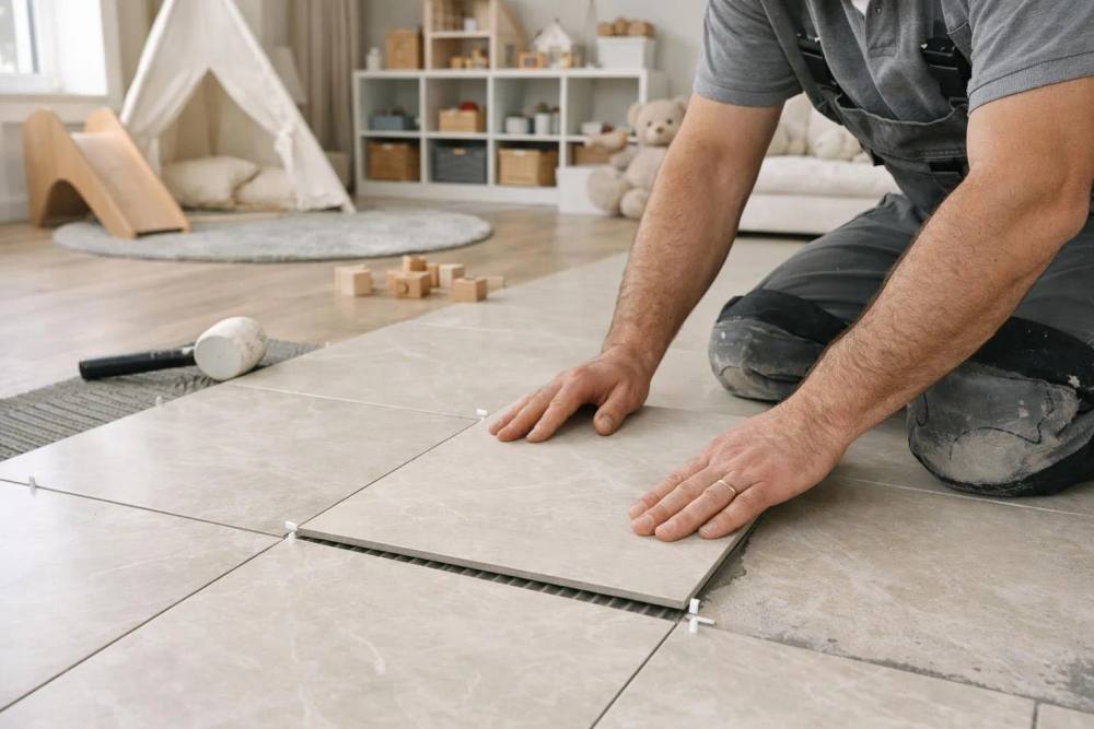 Homme installant des carreaux de sol dans une pièce d'enfant.