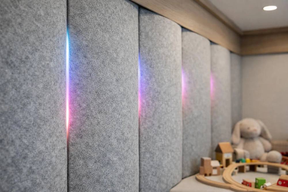 Murs gris avec éclairage coloré, jouets d'enfants dans la pièce.