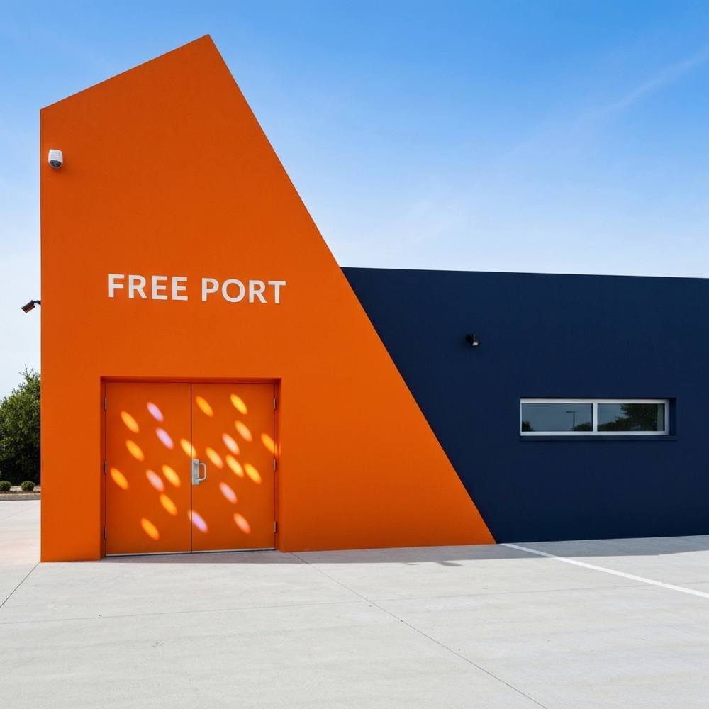 [Vue stylisée et sécurisée de l'entrée d'un bâtiment moderne et imposant, évoquant un port franc, avec des jeux de lumière sur une porte blindée.]
