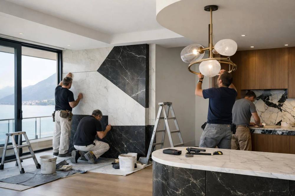 Luxury apartment interior renovation in Geneva showing high-end materials installation, craftsmen working on custom marble finishes and designer lighting fixtures in an elegant lakeside property, no text or labels visible