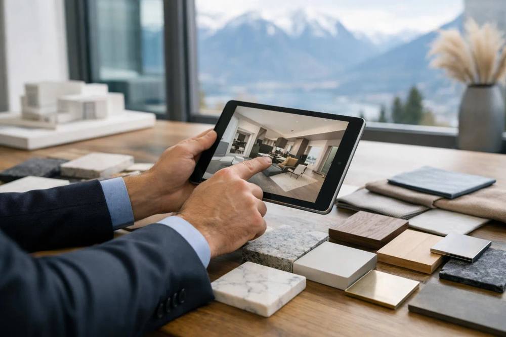 Professional architect wearing modern business attire reviewing detailed 3D renovation blueprints on tablet device, surrounded by luxury interior design material samples including marble swatches and fabric books, in bright contemporary Swiss office with mountain views through window, natural daylight, sophisticated atmosphere