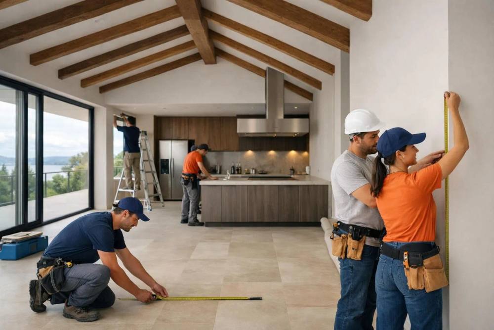 Villa de luxe à Genève en cours de rénovation avec poutres apparentes, installation de nouveaux équipements modernes et entrepreneurs mesurant les surfaces dans un espace élégant baigné de lumière naturelle.