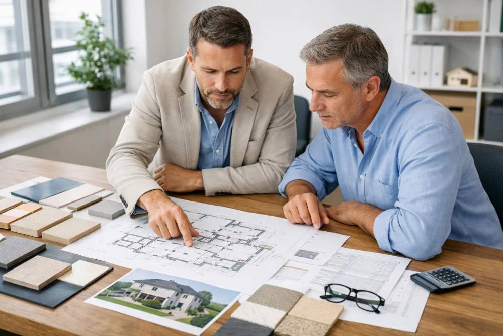 Un architecte et un client examinent des plans de rénovation détaillés avec des échantillons de matériaux, des feuilles de calcul des coûts et des plans d'une villa à Genève sur une table en bois dans un bureau moderne lumineux.