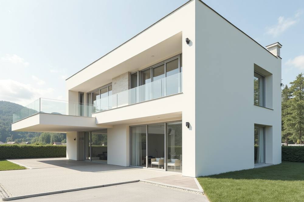 Maison moderne à deux étages avec grandes fenêtres et balcon.