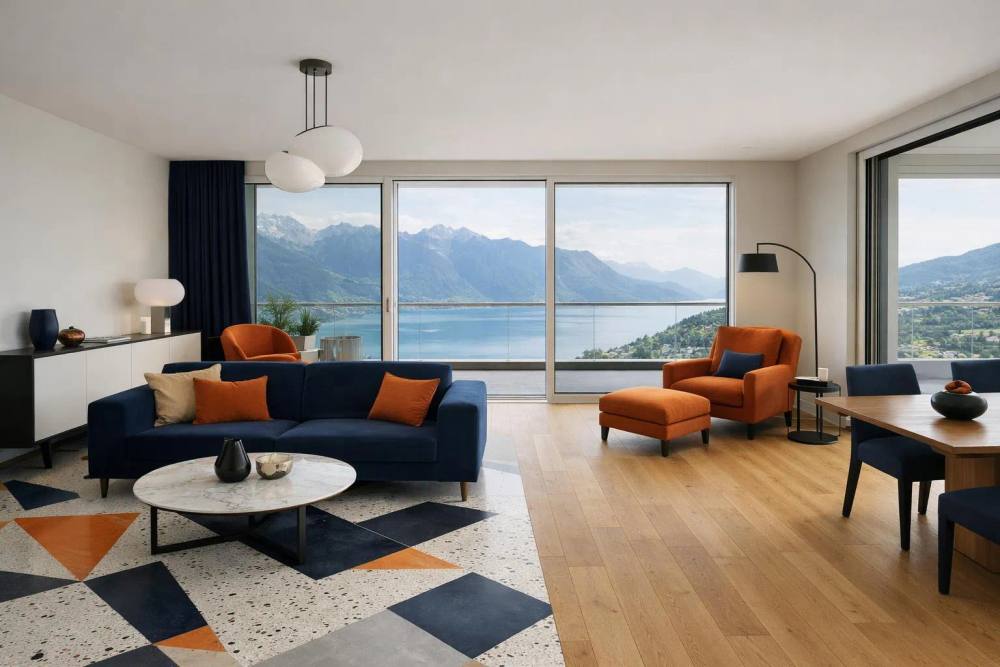 Salon moderne avec vue panoramique sur les montagnes.