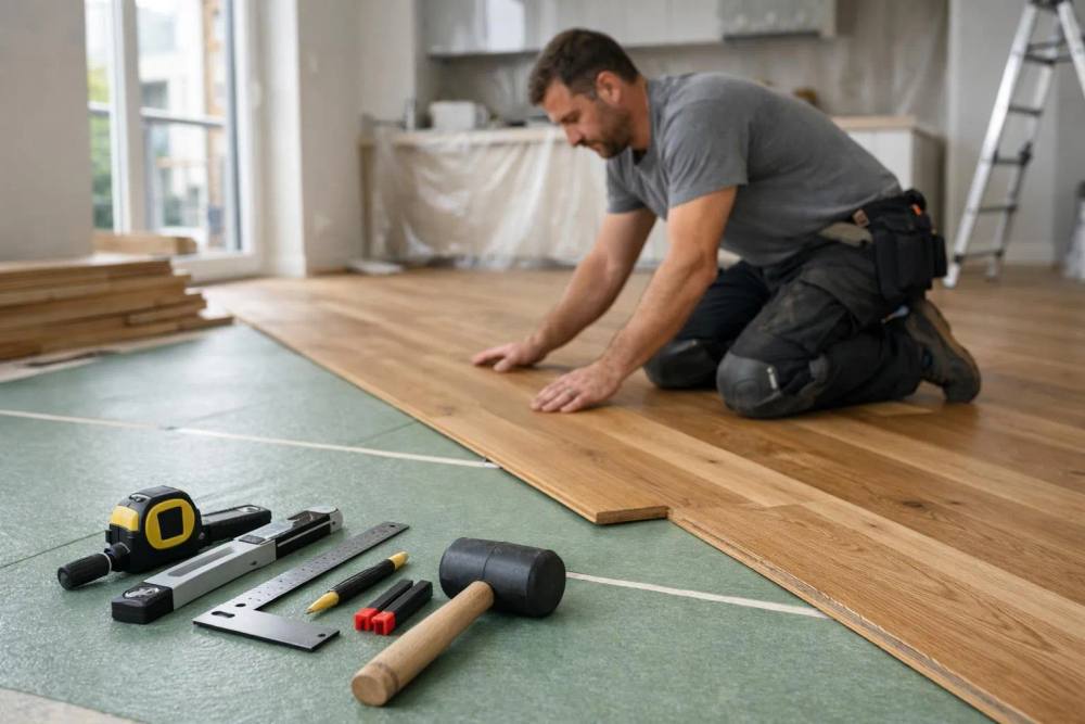 Ouvrier posant un plancher de bois dans une pièce en rénovation.