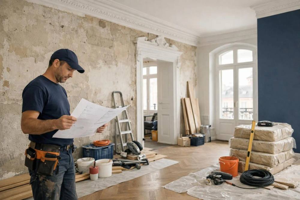 Travaux de rénovation intérieure en cours dans un élégant appartement ancien à Lausanne, montrant les murs exposés en préparation, des matériaux et outils de construction, avec un entrepreneur examinant les plans dans un espace lumineux avec des éléments architecturaux d'époque comme des moulures et de