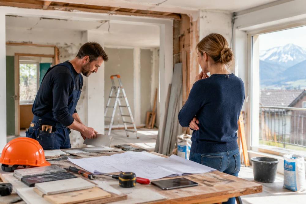 Rénovation intérieure, artisan et cliente consultant des plans.