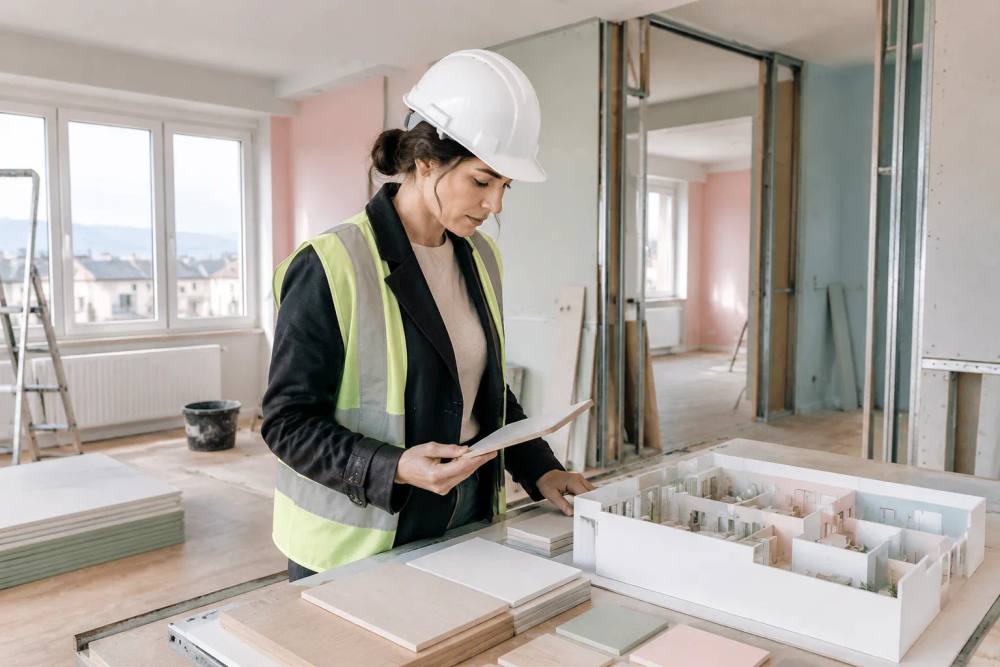 Architecte en casque inspectant maquette lors d’une rénovation intérieure