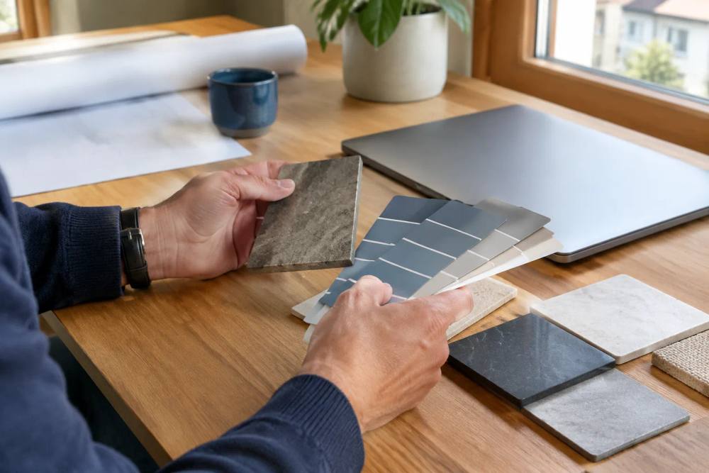 Personne comparant des échantillons de carrelage près d’un ordinateur portable