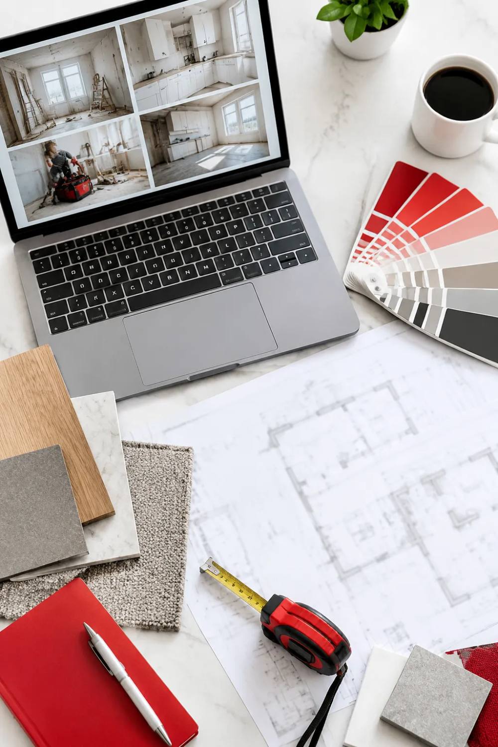 Ordinateur portable, plans d’architecture, nuanciers, mètre ruban et café.