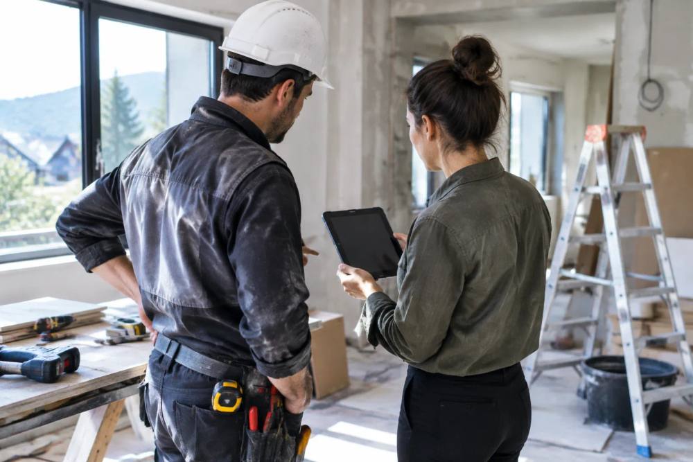 Ouvrier et architecte consultant un plan numérique sur chantier en rénovation