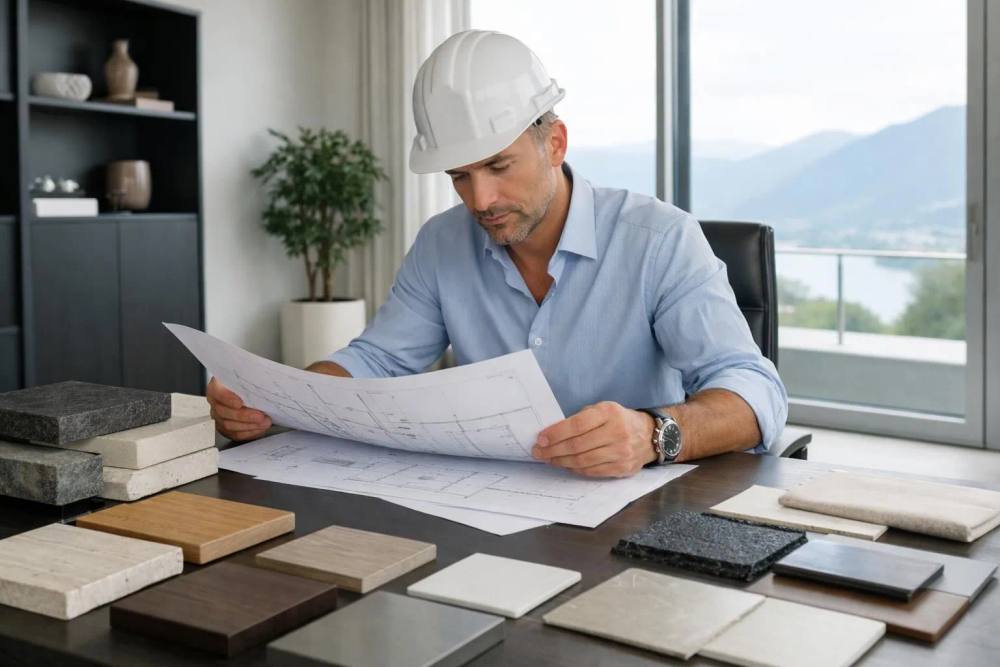 Un entrepreneur professionnel examine les plans d'architecture pour la rénovation d'une villa de luxe dans un bureau suisse moderne, avec des échantillons de matériaux et des finitions haut de gamme visibles sur le bureau, une lumière naturelle et une esthétique de travail contemporaine.