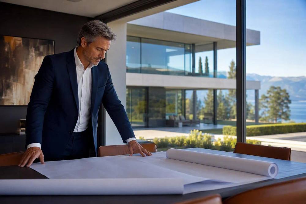 Architecte examinant des plans dans une villa moderne vitrée