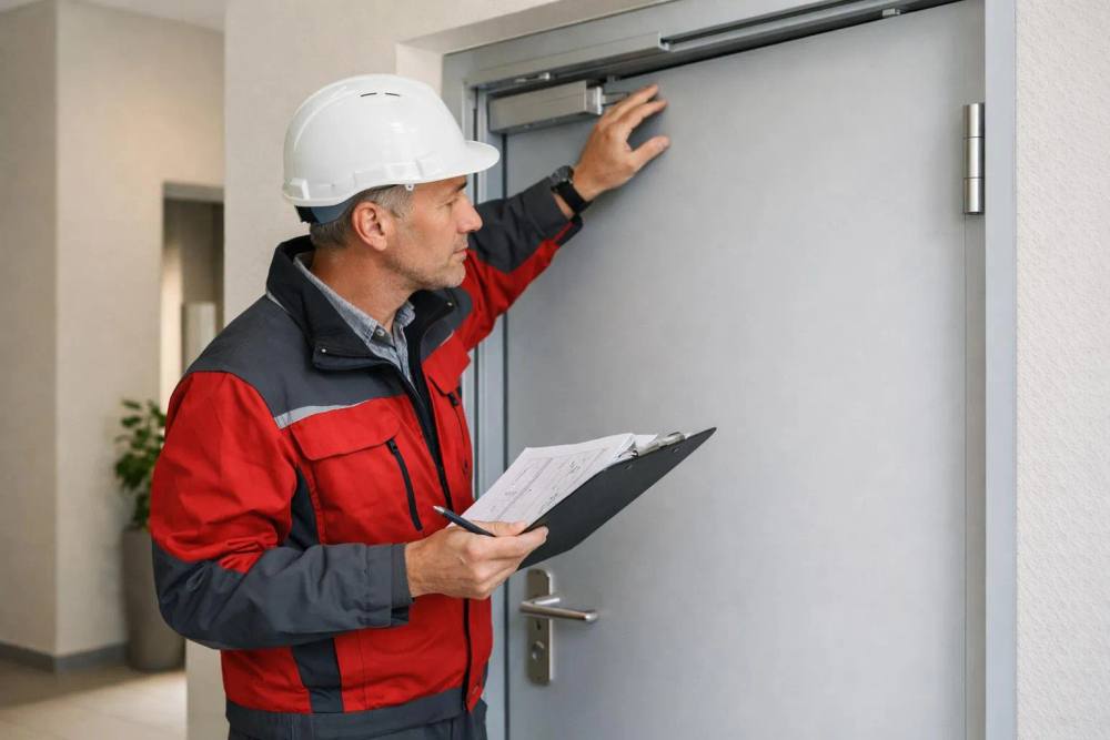 Homme en uniforme de sécurité inspectant une porte.