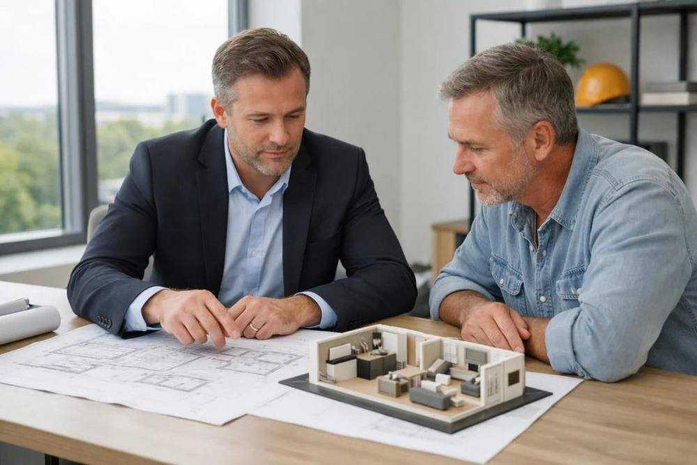 Deux hommes discutent d'un projet architectural à l'aide de plans et de maquette.