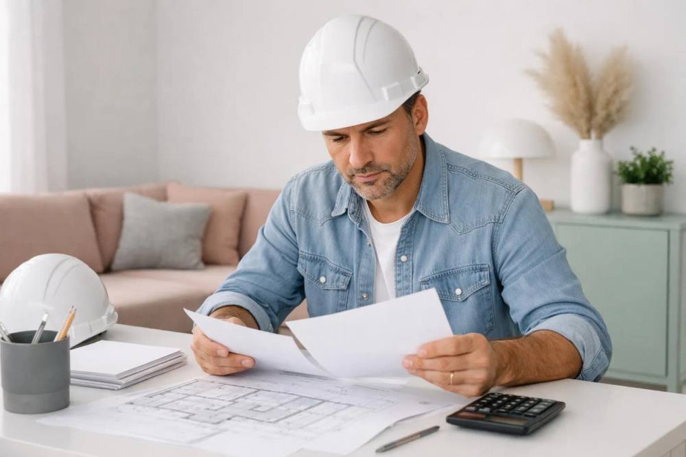 Homme en casque de sécurité examinant des plans de construction.