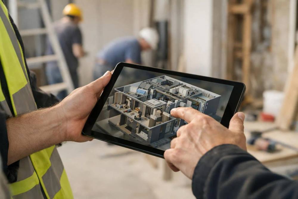 Deux travailleurs du bâtiment examinent un plan 3D sur une tablette numérique.
