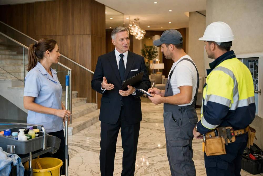 Réunion de travail entre un gestionnaire et des ouvriers dans un hall d'entrée.