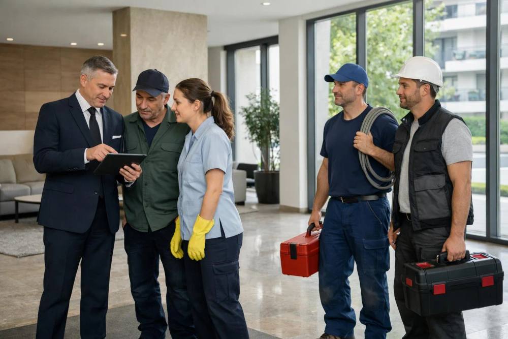 Réunion de professionnels dans un immeuble moderne.