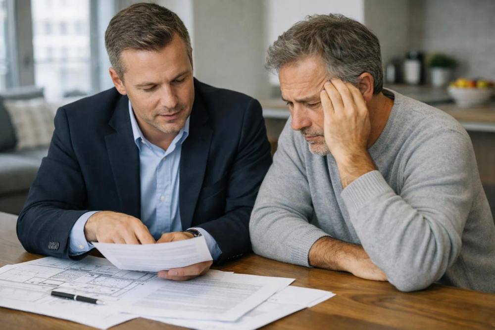 Deux hommes d'affaires discutant de documents sur une table.