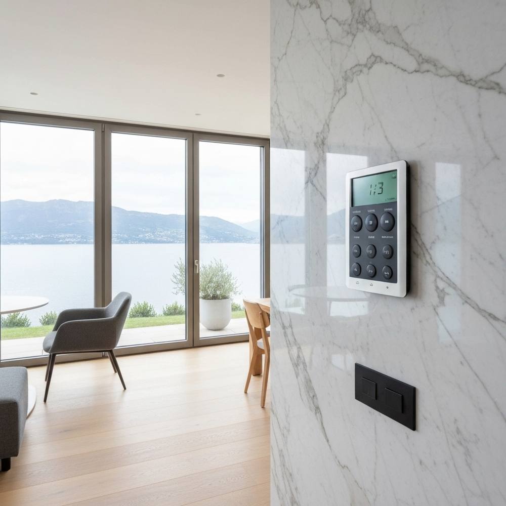 Intérieur de villa de luxe moderne à Genève avec panneau de contrôle domotique intégré sur mur de marbre, fenêtres plein ciel sur le lac Léman et les Alpes, mobilier scandinave minimaliste, éclairage ambiant piloté par système domotique, photographie
