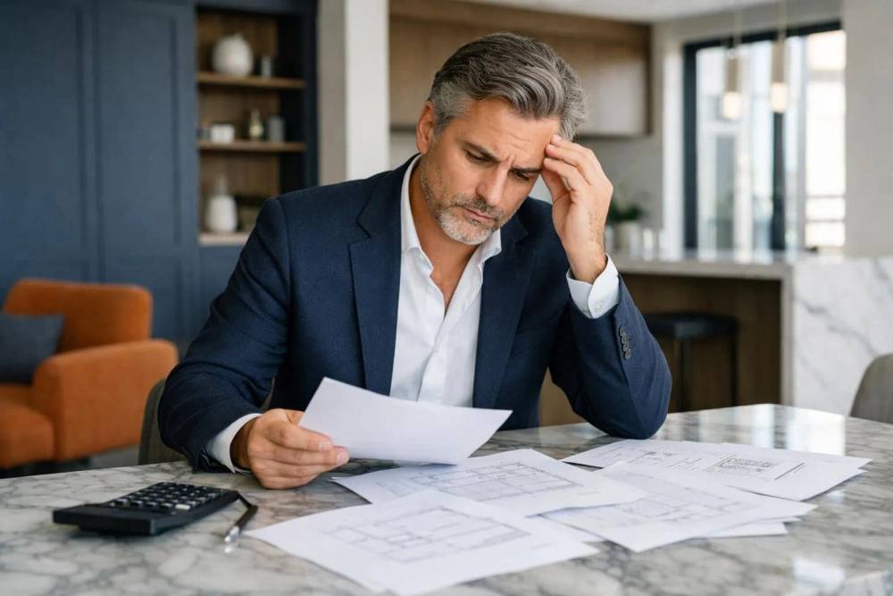 Propriétaire d'un appartement de luxe assis à une table de marbre élégante, examinant plusieurs contrats de rénovation avec un air soucieux, plans d'architecture éparpillés et calculatrice visibles, intérieur haut de gamme avec finitions premium en arrière-plan, lumière naturelle des grandes