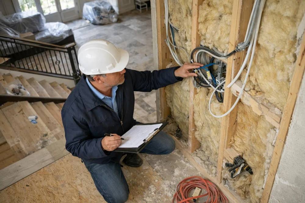 Inspecteur de chantier en casque examinant l'isolation murale et le câblage électrique lors d'une rénovation, avec un presse-papiers documentant les détails structurels et les mesures de contrôle qualité dans un intérieur résidentiel de luxe en construction.