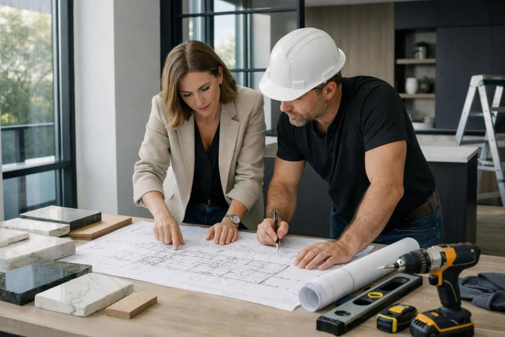 Deux professionnels examinant attentivement des plans de construction sur un bureau.