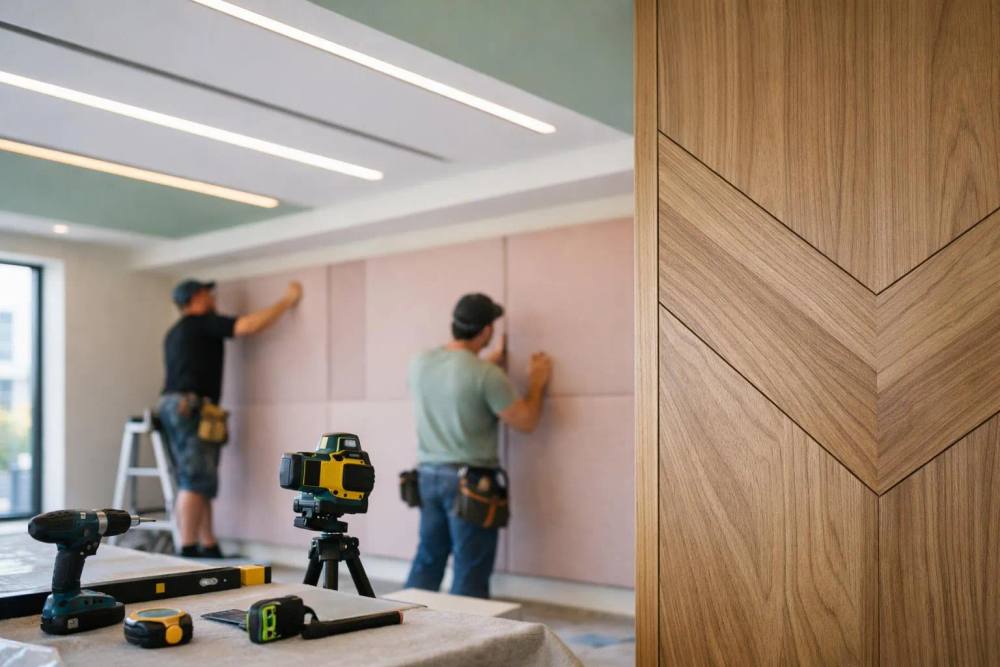 Deux ouvriers installent des panneaux muraux dans une pièce en rénovation.