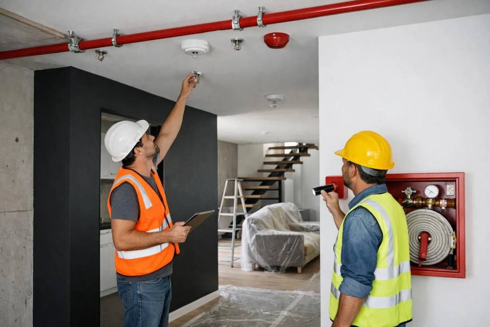 Bâtiment résidentiel en rénovation montrant des systèmes de détection d'incendie modernes, l'installation de gicleurs et l'équipement de sécurité visibles sur les murs et les plafonds, avec des ouvriers inspectant les éléments de protection contre l'incendie dans