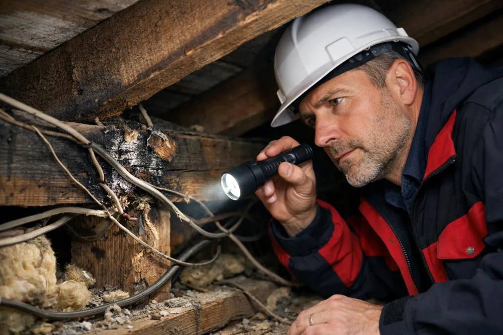 Expert en rénovation inspecte les poutres en bois et le câblage électrique désuet dans le grenier, révélant des problèmes de sécurité incendie.