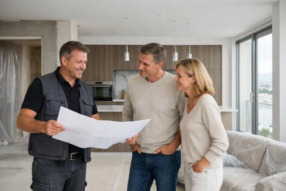 Entrepreneur professionnel présentant des plans de rénovation à des propriétaires dans un appartement de luxe partiellement rénové à Genève avec des matériaux de qualité apparents et des accessoires modernes, éclairage naturel par de grandes fenêtres.