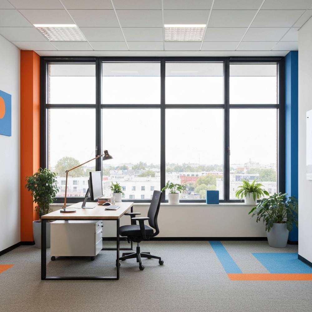 Professionnel moderne travaillant à un élégant bureau debout dans un bureau lumineux avec des finitions en bois naturel, des plantes et de grandes fenêtres donnant sur la skyline de la ville.