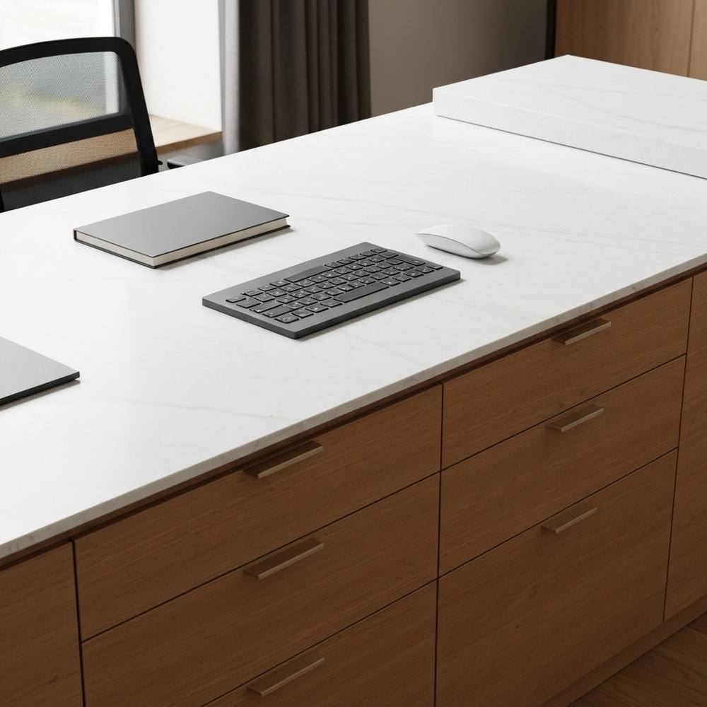 Gros plan détaillé de matériaux de bureau de luxe : surface de bureau en marbre blanc de Carrare avec un veinage subtil, parquet en bois précieux foncé avec un grain naturel visible, accessoires en laiton, luminaire élégant en arrière-plan flou.