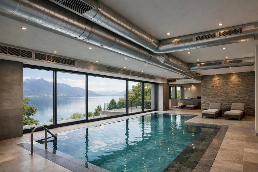 Modern indoor luxury swimming pool in Swiss home with visible dehumidification vents and ceiling-mounted ventilation grilles, premium lighting, high-end finishes, and floor-to-ceiling windows overlooking Lake Geneva landscape, emphasizing technical sophistication and climate control systems.