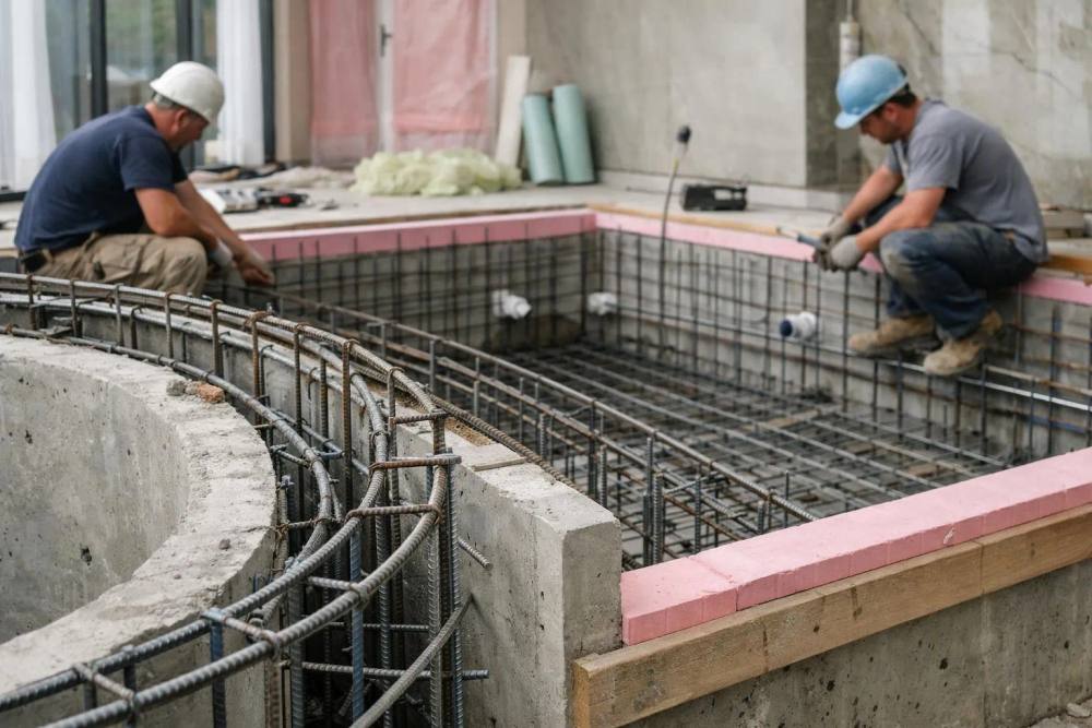 Luxury indoor swimming pool construction site showing concrete reinforced structure, steel framework, and waterproofing layers in an elegant Swiss Romande home interior, with construction workers installing technical systems and premium materials visible
