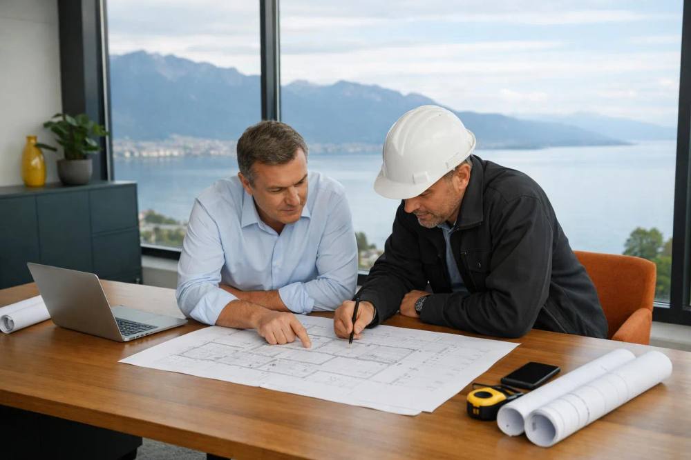Deux hommes en costume et casque de chantier examinent des plans sur une table.