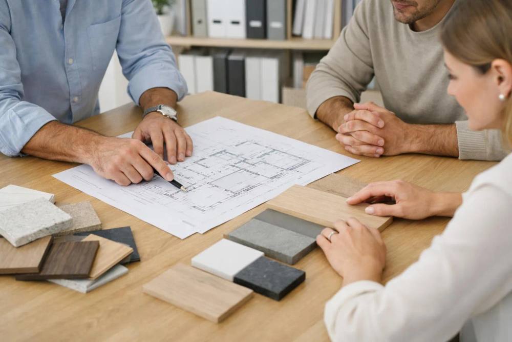 Deux hommes examinant un plan architectural sur une table.