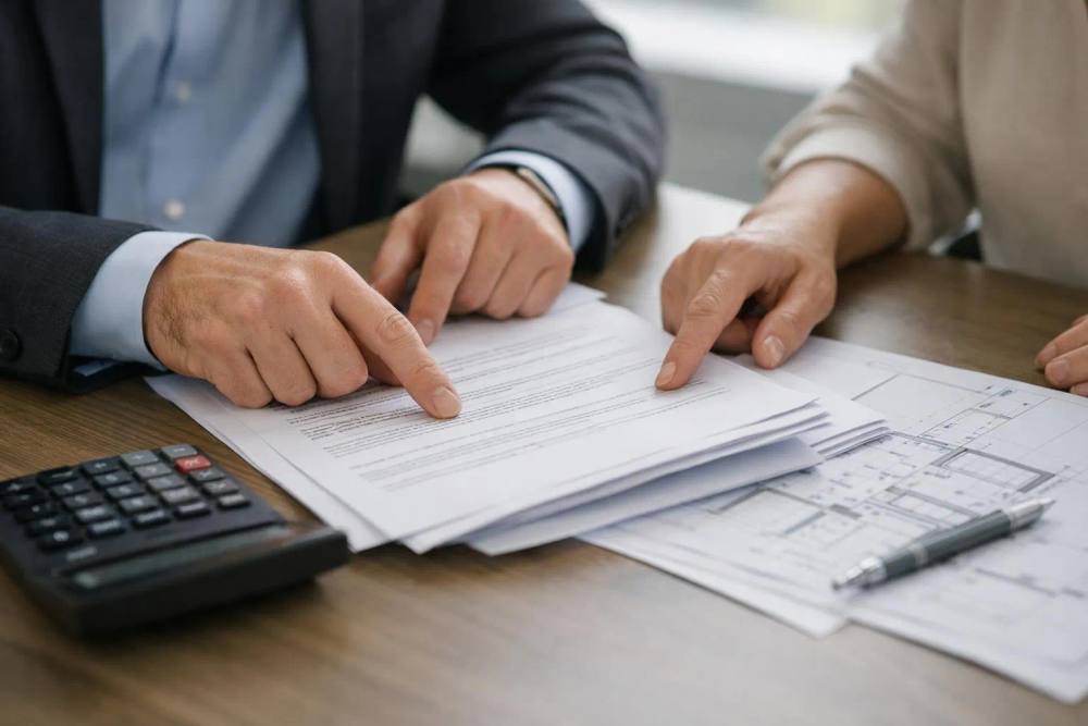 Mains d'hommes d'affaires signant un contrat sur un bureau.