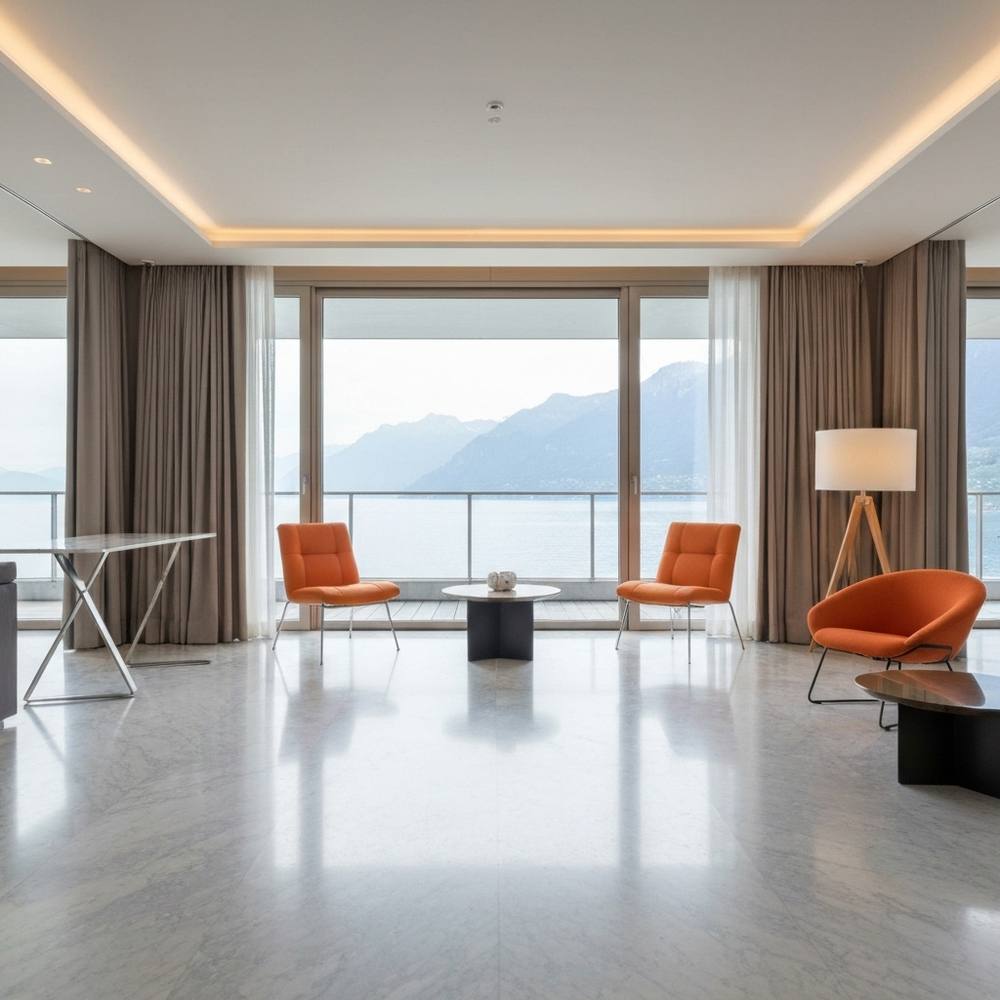 Appartement de luxe moderne et spacieux avec fenêtres panoramiques sur le lac Léman et les montagnes, mobilier design, sol en marbre, tons neutres sophistiqués.