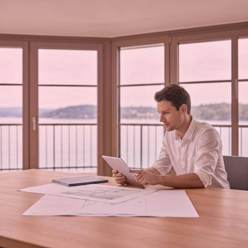 Gestionnaire immobilier en costume élégant examinant les plans de rénovation architecturale avec une tablette dans un intérieur d'appartement de luxe à Genève avec des finitions en marbre et de grandes fenêtres donnant sur le lac.