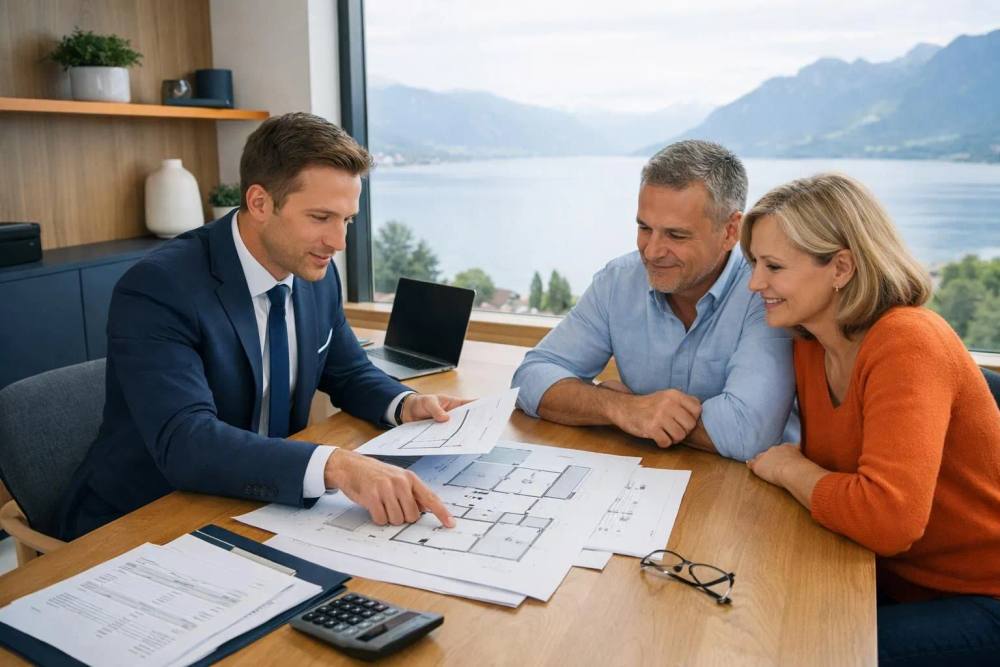Consultant professionnel en costume élégant examinant des plans d'architecture et de rénovation avec un couple de propriétaires d'âge mûr, dans un bureau suisse lumineux avec vue sur le lac.