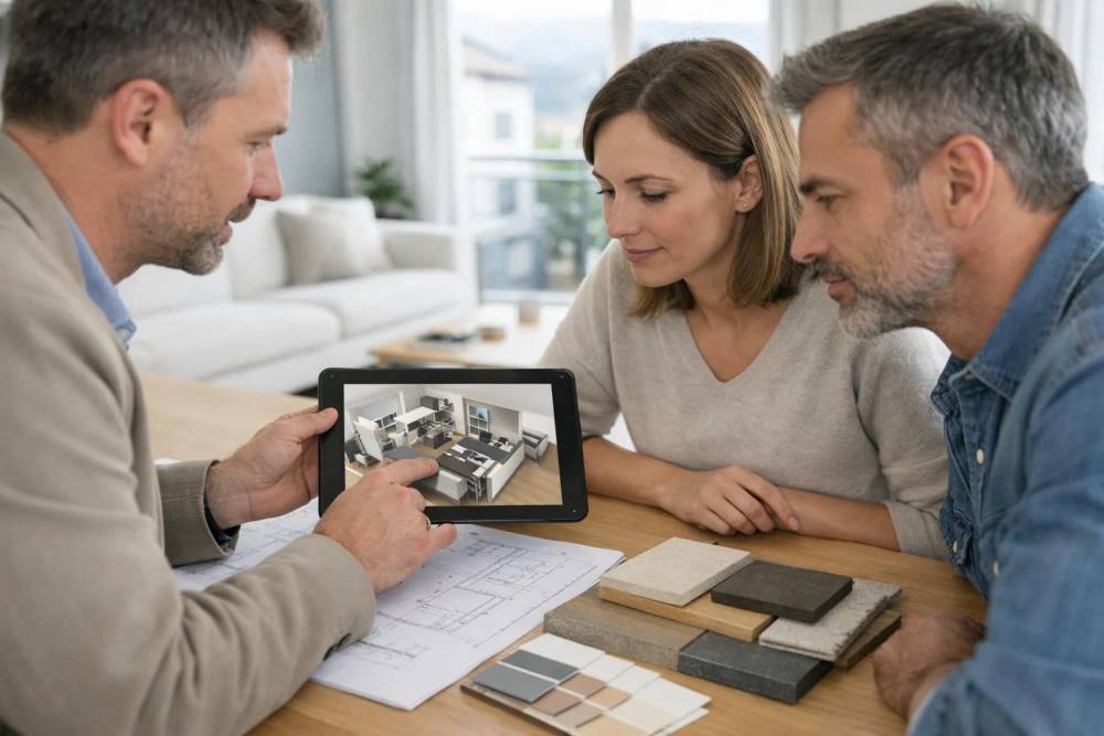 Professional interior architect reviewing detailed 3D architectural plans on large tablet with two clients in bright modern Swiss apartment, architectural blueprints spread on minimalist table with material samples and color swatches, natural light from large windows, contemporary Scandinavian furniture in background