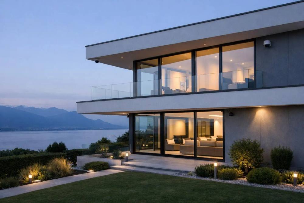 Une villa de luxe suisse moderne au crépuscule avec des capteurs de sécurité et des caméras intégrés discrètement dans une architecture contemporaine, des fenêtres en verre reflétant un éclairage intérieur chaleureux, un jardin soigné, dans la région du lac Léman,