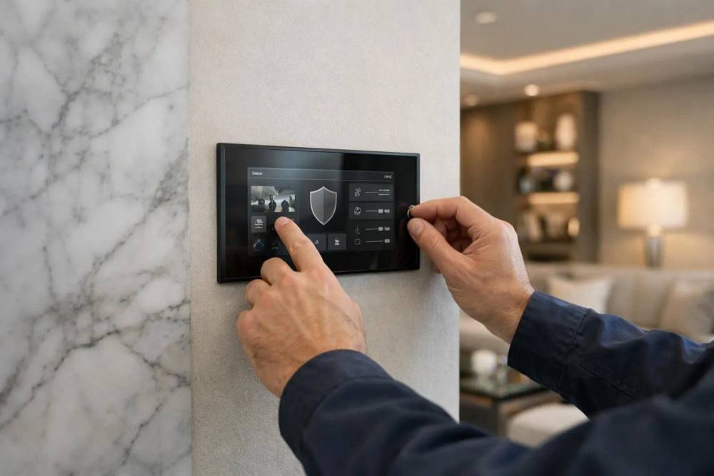 Panneau de contrôle de sécurité mural élégant avec écran tactile épuré affichant la disposition de la maison, intégré dans un salon de luxe contemporain avec accents de marbre et éclairage indirect, démontrant l'interface premium d'un système d'alarme domestique dans une résidence