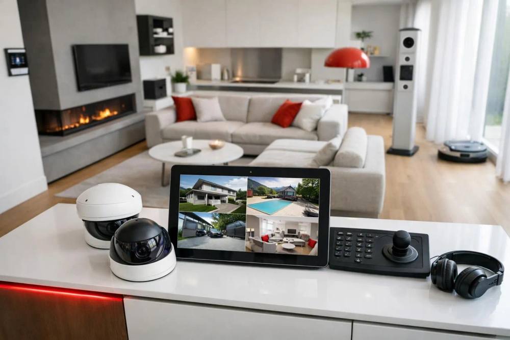 Panneau de contrôle de sécurité suisse moderne avec caméras alimentées par IA sur écran de tablette, salon minimaliste avec appareils domotiques intégrés, équipement de surveillance professionnel visible, atmosphère high-tech sans texte ni étiquette.