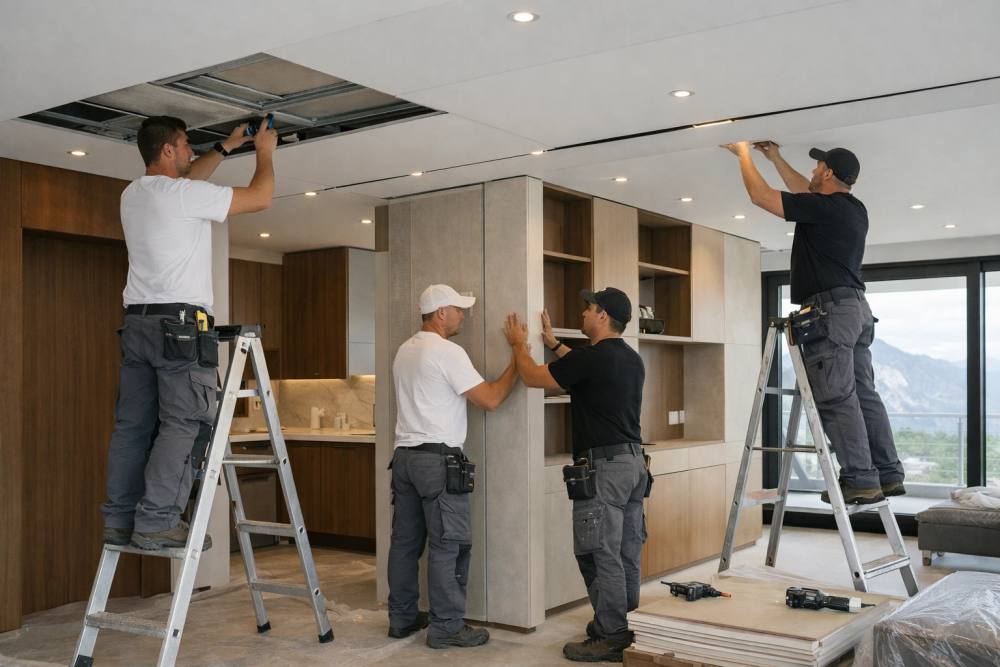 Équipe de rénovation professionnelle installant un plafond suspendu élégant avec un éclairage précis et des cloisons sur mesure dans un intérieur résidentiel suisse haut de gamme, démontrant un artisanat coordonné et des finitions de haute qualité.